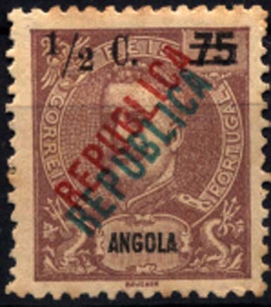 1163.jpg -     Lote:    1163            Angola       Descrição:         1919 &mdash; D. Carlos I tipo Mouchon, com sobretaxa e sobrecarga REPUBLICA local. CE192, &frac12; C s/ 75 reis castanho, com dupla sobrecarga (uma a verde e outra a vermelho).        *       Valor Base:     &euro; 15,00     Valor Venda:     &euro; 50,00     