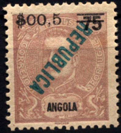 1164.jpg -     Lote:    1164            Angola       Descrição:         1921 &mdash; D. Carlos I, com sobrecarga REPUBLICA local e sobretaxa. NÃO EMITIDOS. CE NE3, $00,5 s/ 75 reis castanho violeta. Selo com a sobrecarga invertida. MB e MR.        **       Valor Base:     &euro; 50,00     Valor Venda:     &euro; 80,00     