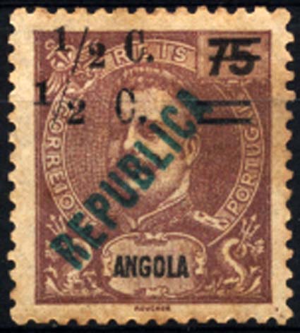 1168.jpg -     Lote:    1168            Angola       Descrição:         1919 &mdash; D. Carlos I Mouchon, com sobrecarga REPUBLICA tipografada localmente e sobretaxa. CE188, &frac12; c s/ 75 reis castanho violeta escuro, com dupla sobretaxa.        **       Valor Base:     &euro; 10,00     Valor Venda:     &euro; 14,00     
