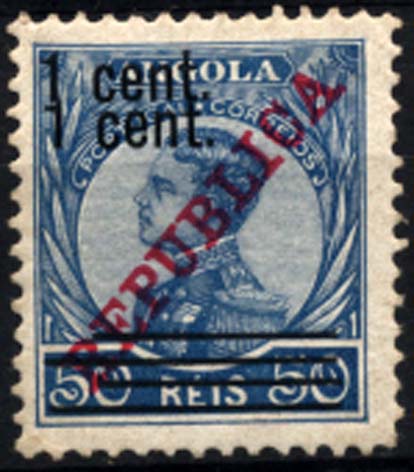 1170.jpg -     Lote:    1170            Angola       Descrição:         1921 &mdash; D. Manuel II com sobrecarga REPUBLICA da Casa da Moeda e sobretaxa. CE197, 1 cent. s/ 50 reis azul. Selo com dupla sobretaxa. Raro.        **       Valor Base:     &euro; 15,00     Valor Venda:     &euro; 15,00     