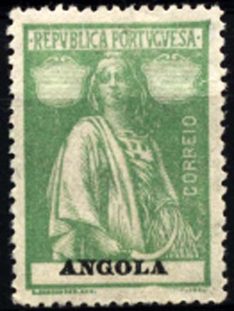 1171.jpg -     Lote:    1171            Angola       Descrição:         1914 &mdash; Ceres. CE153, 20 c. verde amarelo, denteado 15x14, papel acetinado. Selo com falta de impressão da taxa.        *       Valor Base:     &euro; 5,00     Valor Venda:     &euro; 22,00     