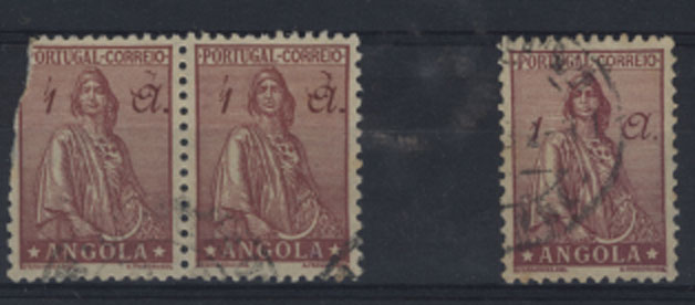 1174.jpg -     Lote:    1174            Angola       Descrição:         1932 &mdash; Ceres. Novo Tipo. CE241, 1A lilás vermelho. Lote composto por par com dupla impressão da taxa (um selo com defeito) + selo simples com deslocação da impressão da taxa. MR.        O       Valor Base:     &euro; 12,00     Valor Venda:     &euro; 12,00     