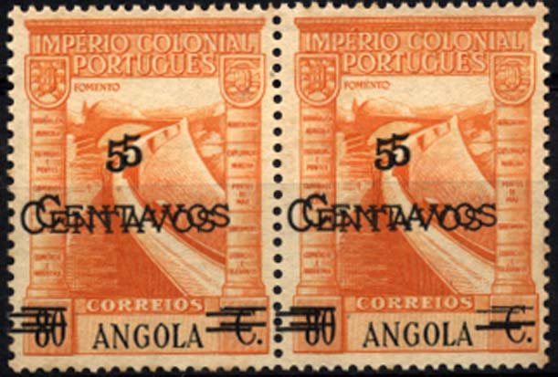 1175.jpg -     Lote:    1175            Angola       Descrição:         1945/46 &mdash; Império Colonial Português com sobretaxa. CE286, 5 c s/ 80 c amarelo laranja. Par horizontal com dupla sobretaxa.        ***       Valor Base:     &euro; 8,00     Valor Venda:     &euro; 15,00     