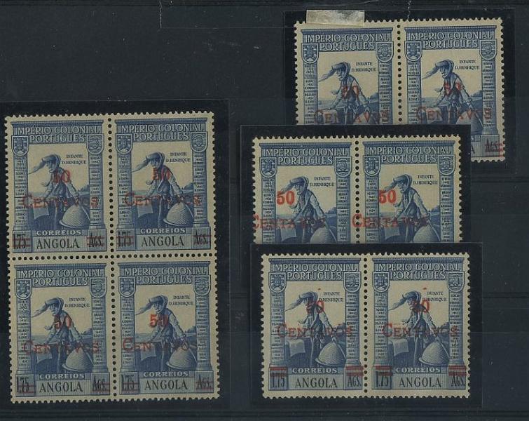 1179.jpg -     Lote:    1179            Angola       Descrição:         1945/46 &mdash; Império Colonial Português, com sobretaxa. CE287, 50c s/ 1$75 azul. Lote composto por quadra + 2 pares com sobretaxa deslocada + par com dupla sobrecarga dos traços que anulam a anterior taxa.        ***       Valor Base:     &euro; 10,00     Valor Venda:     &euro; 32,00     