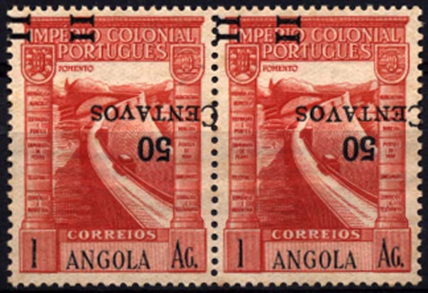 1180.jpg -     Lote:    1180            Angola       Descrição:         1945/46 &mdash; Império Colonial Português com sobretaxa. CE288, 50 c s/ 1A vermelho. Par horizontal com sobretaxa invertida e duplos traços.        ***       Valor Base:     &euro; 8,00     Valor Venda:     &euro; 16,00     