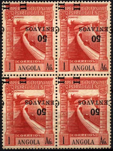 1181.jpg -     Lote:    1181            Angola       Descrição:         1945/46 &mdash; Império Colonial Português com sobretaxa. CE288, 50 c s/ 1A vermelho. Quadra com sobretaxa invertida e duplos traços.        ***       Valor Base:     &euro; 15,00     Valor Venda:     &euro; 30,00     