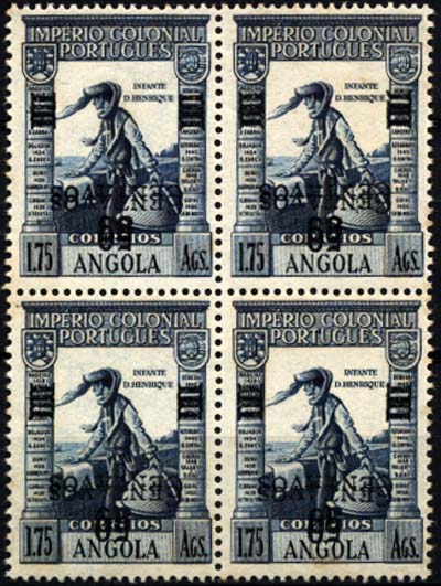 1183.jpg -     Lote:    1183            Angola       Descrição:         1945/46 &mdash; Império Colonial Português com sobretaxa a preto. CE289, 50 c s/ 1$75 azul. Quadra dupla sobretaxa invertida. Vestígios de óxido no verso.        ***       Valor Base:     &euro; 10,00     Valor Venda:     &euro; 30,00     
