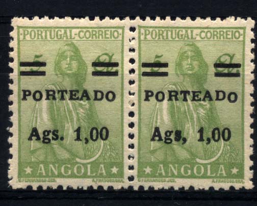 1187.jpg -     Lote:    1187            Angola       Descrição:         1949 &mdash; Porteado. Ceres, novo tipo, com sobretaxa. CE POR36, Ags. 1,00 s/ 5 A verde amarelo. Par horizontal. Um dos selos com sobretaxa "Ags" com vírgula em vez de ponto e "S" defeituoso. NÃO CATALOGADO.        ***       Valor Base:     &euro; 10,00     Valor Venda:     &euro; 26,00     