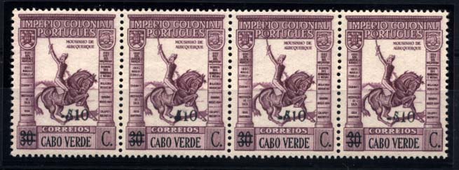 1189.jpg -     Lote:    1189            Cabo Verde       Descrição:         1948 &mdash; Império Colonial Português, com sobretaxa. CE239, 10 s/ 30 c lilás. Tira de 4 selos. Sobretaxa do 2.º selo com "1" partido e cifrão a "bold".        ***       Valor Base:     &euro; 5,00     Valor Venda:     &euro; 5,00     