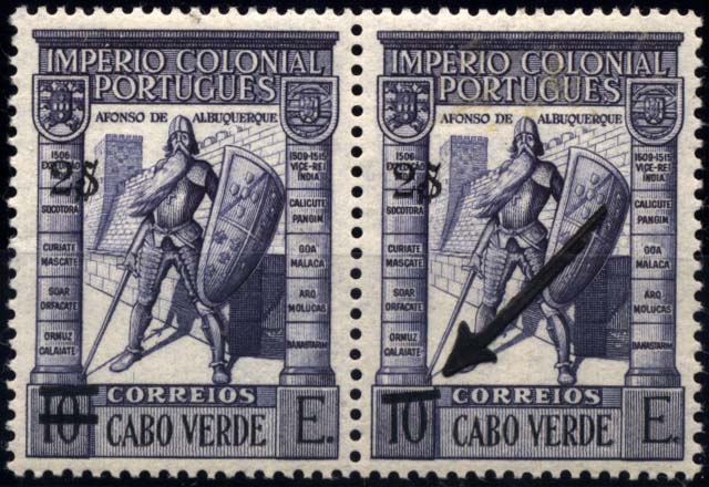 1192.jpg -     Lote:    1192            Cabo Verde       Descrição:         1951 &mdash; Império Colonial Português, com sobretaxa. CE259, 2$ s/ 10E azul violeta. Par horizontal. 2.º selo com falta de impressão de um dos traços a anular a anterior taxa.        ***       Valor Base:     &euro; 10,00     Valor Venda:     &euro; 22,00     