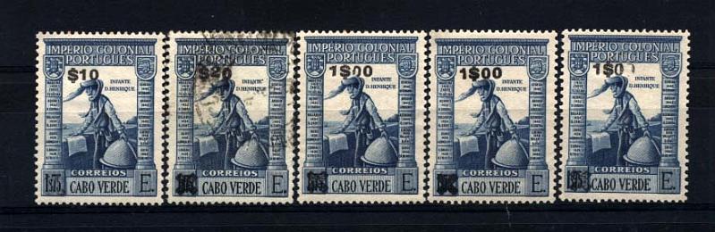 1193.jpg -     Lote:    1193            Cabo Verde       Descrição:         1952 &mdash; Império Colonial Português, com sobretaxa. CE261, 262 e 263 (3). Lote de 5 selos com diversos defeitos de impressão da sobretaxa. CE261 com falta da X a anular a anterior taxa, CE262 com a sobretaxa deslocada e CE263, com falta parcial de impressão da sobretaxa.         ***/O       Valor Base:     &euro; 15,00     Valor Venda:     &euro; 28,00     