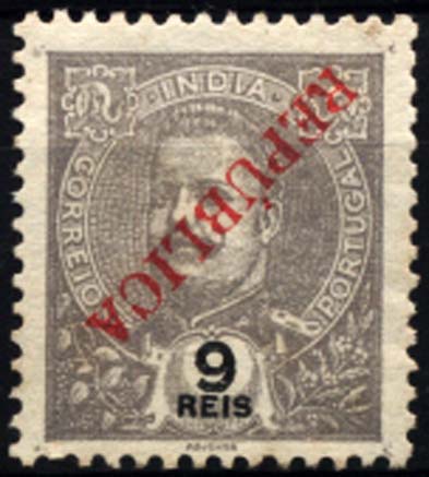 1205.jpg -     Lote:    1205            Índia Portuguesa       Descrição:         1914 &mdash; D. Carlos I tipo Mouchon com sobrecarga REPUBLICA, tipografada localmente. CE276, 9 reis lilás malva com a sobrecarga invertida.        *       Valor Base:     &euro; 10,00     Valor Venda:     &euro; 22,00     