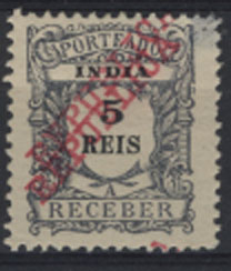 1210.jpg -     Lote:    1210            Índia Portuguesa       Descrição:         1911 &mdash; Porteado. Emissão regular, com sobrecarga REPUBLICA, da Casa da Moeda. CE15, 5 reis cinzento violeta, com dupla sobrecarga. Selo com pequena transparência.        **       Valor Base:     &euro; 6,00     Valor Venda:     &euro; 42,00     