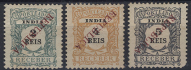 1211.jpg -     Lote:    1211            Índia Portuguesa       Descrição:         1914 &mdash; Porteado. Emissão regular, com sobrecarga REPUBLICA, tipografada localmente. Lote de três selos das taxas de 2 reis verde azul CE23, 5 reis amarelo laranja CE25 e 5 reis cinzento violeta (canto curto) CE26, todos com sobrecarga invertida.        **/*       Valor Base:     &euro; 20,00     Valor Venda:     &euro; 20,00     