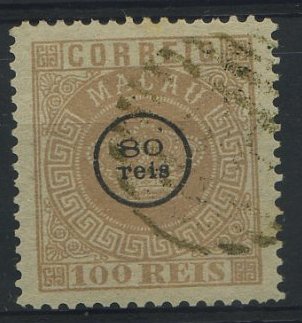 1214.jpg -     Lote:    1214            Macau       Descrição:         1885 &mdash; Tipo Coroa. Falso Fournier. CE10, 80 s/ 100 reis ("e" sem acento), obliterado com carimbo falso.        O       Valor Base:     &euro; 8,00     Valor Venda:     &euro; 8,00     