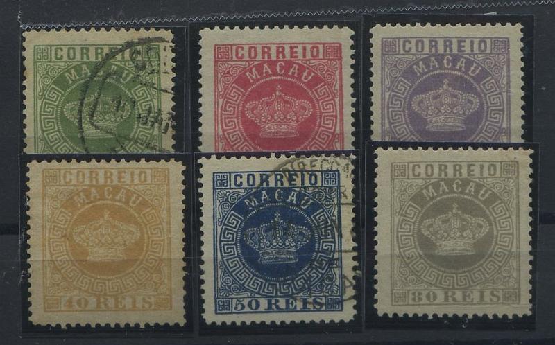 1217.jpg -     Lote:    1217            Macau       Descrição:         1885/89 &mdash; Tipo Coroa. Falsos Fournier. CE16/21. Série completa.        **/O       Valor Base:     &euro; 30,00     Valor Venda:     &euro; 30,00     
