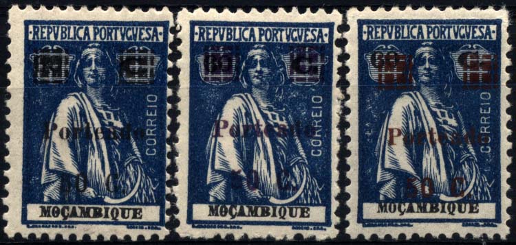 1231.jpg -     Lote:    1231            Moçambique       Descrição:         1924 &mdash; Porteado * Ceres de Moçambique, com sobretaxa. CE POR50, 50C s/ 60C azul escuro. Lote de 3 selos com sobretaxas de cores diferentes (preto, violeta escuro e castanho).        **       Valor Base:     &euro; 10,00     Valor Venda:     &euro; 18,00     