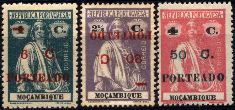 1233.jpg -     Lote:    1233            Moçambique       Descrição:         192&frac12;2 &mdash; Porteado * Ceres de Moçambique, com sobretaxa. CE POR44/46. Série completa. CE44 normal, CE45 com sobrecarga invertida e CE46 em denteado 15x14 &mdash; Falso segundo o catálogo.         **/*       Valor Base:     &euro; 10,00     Valor Venda:     &euro; 26,00     