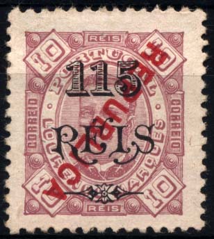 1238.jpg -     Lote:    1238            Lourenço Marques       Descrição:         1914 &mdash; D. Carlos I Diogo Neto, com sobretaxa (1902) e sobrecarga REPUBLICA local. CE133, 115 reis s/ 10 reis, denteado 11 &frac12;. Selo com a sobrecarga invertida. Valor de catálogo &euro; 20,00.        *       Valor Base:     &euro; 6,00     Valor Venda:     &euro; 14,00     