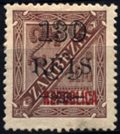 1240.jpg -     Lote:    1240            Zambézia       Descrição:         1914 &mdash; D. Carlos I, com sobrecarga REPUBLICA tipografada localmente. CE73, 130 reis s/ 2 &frac12; reis castanho. Selo com ensaio de sobrecarga horizontal reduzida, batida a vermelho. R.        **       Valor Base:     &euro; 15,00     Valor Venda:     &euro; 48,00     