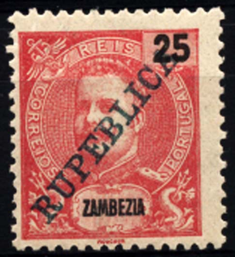 1241.jpg -     Lote:    1241            Zambézia       Descrição:         1911 &mdash; D. Carlos I, com sobrecarga REPUBLICA. CE60, 25 reis carmim. Selo com sobrecarga "RUPEBLICA". MB e MR.        **       Valor Base:     &euro; 15,00     Valor Venda:     &euro; 220,00     