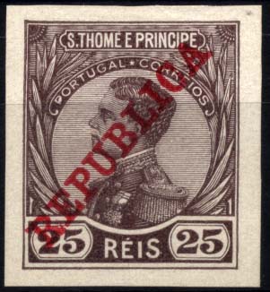 1249.jpg -     Lote:    1249            S. Tomé e Príncipe       Descrição:         1912 &mdash; D. Manuel II com sobrecarga REPUBLICA da Casa da Moeda. CE115, 25 reis castanho. Selo não denteado.        *       Valor Base:     &euro; 10,00     Valor Venda:     &euro; 10,00     
