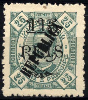 1250.jpg -     Lote:    1250            S. Tomé e Príncipe       Descrição:         1913 &mdash; D. Carlos I Diogo Neto, com sobretaxa e sobrecarga REPUBLICA local. CE131, 25 s/ 115 reis verde. Selo com defeito na sobrecarga: "B" fechado.        *       Valor Base:     &euro; 5,00     Valor Venda:     &euro; 5,00     