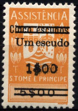 1252.jpg -     Lote:    1252            S. Tomé e Príncipe       Descrição:         1965 &mdash; Imposto Postal. ASSISTÊNCIA, com sobrecarga. CE IP24, "Um escudo / 1$00 s/ 5$00 amarelo. Selo com dupla impressão. Não catalogada.        ***       Valor Base:     &euro; 8,00     Valor Venda:     &euro; 8,00     