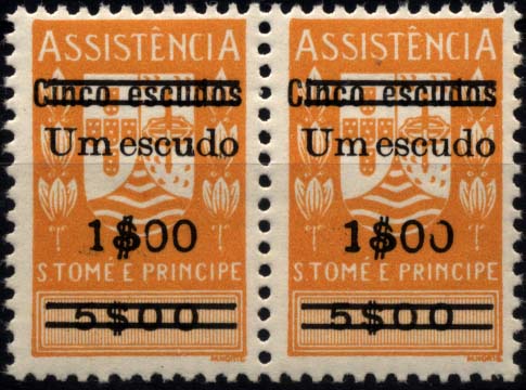 1254.jpg -     Lote:    1254            S. Tomé e Príncipe       Descrição:         1965 &mdash; Imposto Postal. ASSISTÊNCIA, com sobrecarga. CE IP24, "Um escudo / 1$00 s/ 5$00 amarelo. Par horizontal. Segundo selo com o 2.º "0" partido. Não catalogado.        ***       Valor Base:     &euro; 8,00     Valor Venda:     Retirado     
