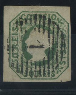 1255.jpg -     Lote:    1255            Portugal       Descrição:         1853 &mdash; D. Maria II. 50 reis verde azul, com margens curtas. Valor de catálogo &euro; 1.720,00.        O       Valor Base:     &euro; 100,00     Valor Venda:     &euro; 130,00     