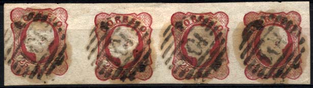 1265.jpg -     Lote:    1265            Portugal       Descrição:         1862/64 &mdash; D. Luís I. CE16, 25 reis carmim. Tira horizontal de 4 selos, boas margens, obliterada com carimbo da 1.ª reforma 104 &mdash; CAMINHA. Valor de catálogo &euro; 31,20.        O       Valor Base:     &euro; 10,00     Valor Venda:     &euro; 10,00     