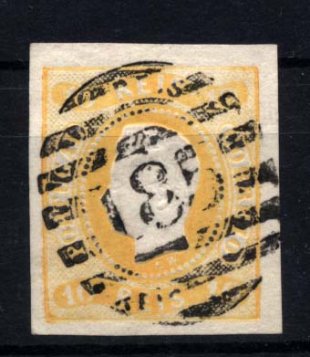 1270.jpg -     Lote:    1270            Portugal       Descrição:         1866/67 &mdash; D. Luís I, fita curva. Não denteados. CE20, 10 reis amarelo, com boas margens, obliterado com carimbo da 2.ª reforma 185 &mdash; MONCORVO. Valor de catálogo &euro; 253,00. MB        O       Valor Base:     &euro; 40,00     Valor Venda:     Retirado     