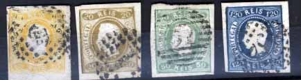 1271.jpg -     Lote:    1271            Portugal       Descrição:         1866/67 &mdash; D. Luís I. Fita curva, não denteados. Lote de 4 selos de 10 reis amarelo, 20 reis bistre, 50 reis verde e 120 reis azul. CE20, 21, 23 e 25. Boas margens. Valor de catálogo &euro; 602.00.        O       Valor Base:     &euro; 90,00     Valor Venda:     Retirado     