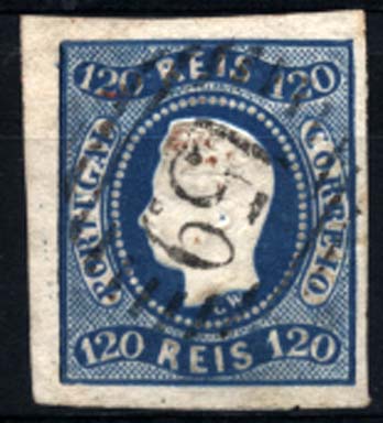 1277.jpg -     Lote:    1277            Portugal       Descrição:         1866/67 &mdash; D. Luís I, fita curva, não denteados. CE26, 120 reis azul escuro. Selo muito bonito com margens normais, obliterado com carimbo numérico da 1.ª reforma 159 &mdash; ESTREMOZ. Valor de catálogo &euro; 124,00.        O       Valor Base:     &euro; 25,00     Valor Venda:     Retirado     