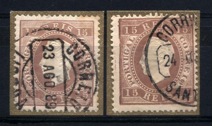 1286.jpg -     Lote:    1286            Portugal       Descrição:         1870/76 &mdash; D. Luís I, fita direita. CE38, 15 reis preto, papel liso, denteado 13 &frac12;. Lote de dois selos, um do tipo I e outro do tipo II. Valor de catálogo &euro; 202,00. Lote a ver. Ex-Leote.        Lote/O       Valor Base:     &euro; 20,00     Valor Venda:     &euro; 24,00     