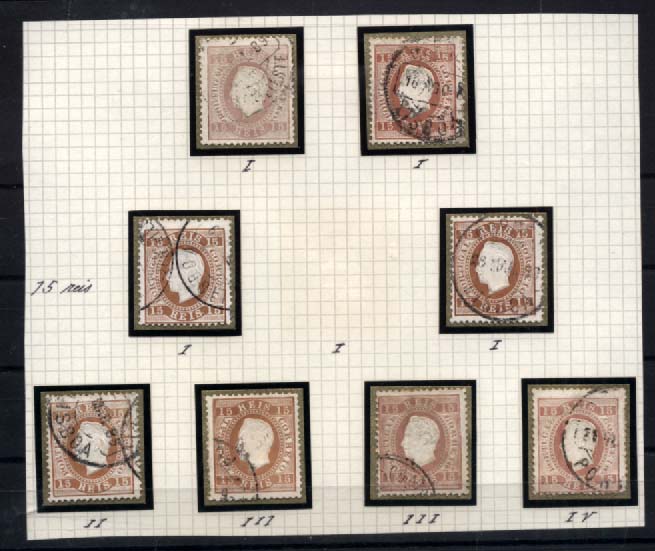 1287.jpg -     Lote:    1287            Portugal       Descrição:         1870/76 &mdash; D. Luís I, fita direita. CE38, 15 reis preto, papel porcelana, denteado 12 &frac12;. Lote de 8 selos, sendo 4 do tipo I, 1 do tipo II, 2 do tipo III e 1 do tipo IV. Lote a ver. Valor de catálogo &euro; 440,00. Lote a ver. Ex-Leote.        Lote/O       Valor Base:     &euro; 40,00     Valor Venda:     &euro; 40,00     