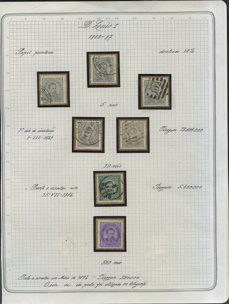 1289.jpg -     Lote:    1289            Portugal       Descrição:         1870/76 &mdash; D. Luís I, fita direita. CE38, 15 reis preto, papel liso, denteado 12 &frac12;. Estudo dos cunhos com 7 selos, sendo 2 do cunho I e 5 do cunho II. Lote a ver. Valor de catálogo &euro; 337,40. Lote a ver. Ex-Leote.        Lote/O       Valor Base:     &euro; 30,00     Valor Venda:     Retirado     