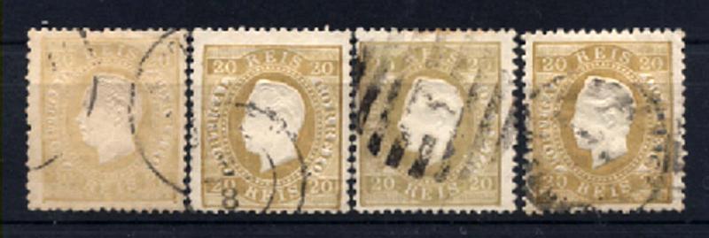 1292.jpg -     Lote:    1292            Portugal       Descrição:         1870/76 &mdash; D. Luís I, fita direita. CE39, 20 reis bistre, papel liso, denteado 12 &frac12;. Lote de 4 selos. Lote a ver. Valor de catálogo &euro; 168,80. Ex-Leote.        Lote/O       Valor Base:     &euro; 15,00     Valor Venda:     Retirado     