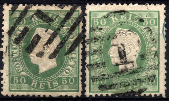 1294.jpg -     Lote:    1294            Portugal       Descrição:         1870/76 &mdash; D. Luís I, fita direita. CE41, 50 reis verde, denteado 12 &frac12;, papel liso. Lote de dois selos em verde e verde claro. Alguns defeitos no denteado. Valor de catálogo &euro; 141,20.        O       Valor Base:     &euro; 14,00     Valor Venda:     &euro; 14,00     