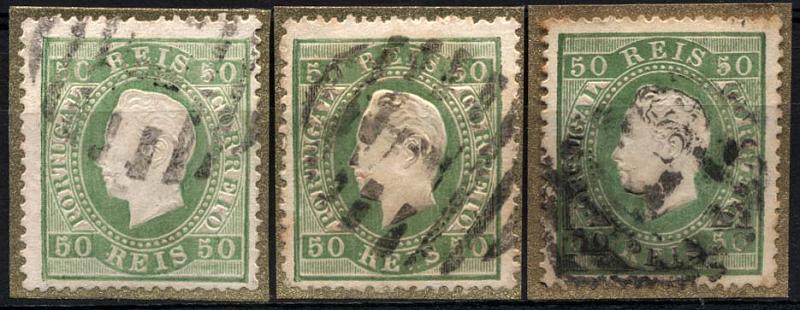 1295.jpg -     Lote:    1295            Portugal       Descrição:         1870/76 &mdash; D. Luís I, fita direita. CE41, 50 reis verde, papel liso, denteado 13 &frac12;. Lote composto por 3 selos usados, tipo I. Valor de catálogo &euro; 203,40. Ex-Leote.        Lote/O       Valor Base:     &euro; 20,00     Valor Venda:     Retirado     