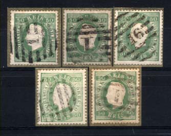 1296.jpg -     Lote:    1296            Portugal       Descrição:         1870/76 &mdash; D. Luís I, fita direita. CE41, 50 reis verde, papel liso, denteado 13 &frac12;. Lote composto por 5 selos usados, tipo II. Valor de catálogo &euro; 339,00. Ex-Leote.        Lote/O       Valor Base:     &euro; 30,00     Valor Venda:     &euro; 30,00     