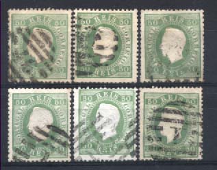 1297.jpg -     Lote:    1297            Portugal       Descrição:         1870/76 &mdash; D. Luís I, fita direita. CE41, 50 reis verde, papel liso, denteado 12 &frac12;. Lote composto por 6 selos usados, tipo I e II. Valor de catálogo &euro; 427,80. Ex-Leote.        Lote/O       Valor Base:     &euro; 35,00     Valor Venda:     &euro; 35,00     