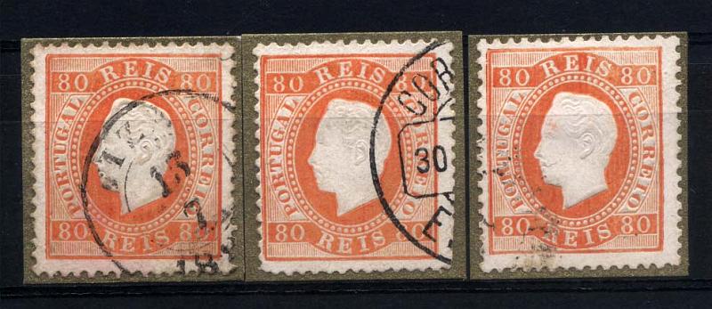 1301.jpg -     Lote:    1301            Portugal       Descrição:         1870/76 &mdash; D. Luís I, fita direita. CE42, 80 reis laranja vermelho, papel porcelana, denteado 12 &frac12;. Lote de 3 selos usados, tipo II. Valor de catálogo &euro; 96,30. Ex-Leote.        Lote/O       Valor Base:     &euro; 10,00     Valor Venda:     &euro; 12,00     