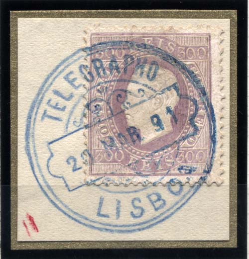 1311.jpg -     Lote:    1311            Portugal       Descrição:         1870/76 &mdash; D. Luís, fita direita. CE47, 300 reis violeta, papel porcelana, denteado 12 &frac12;. Selo do tipo I, obliterado com carimbo circular datado "TELEGRAPHO / LISBOA", batido a azul. Ex- Leote.        O       Valor Base:     &euro; 10,00     Valor Venda:     &euro; 28,00     