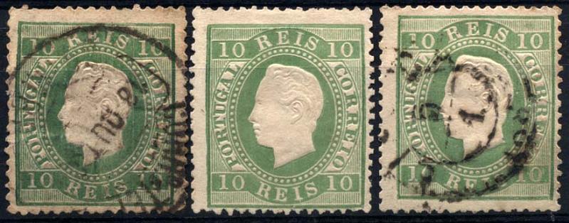 1315.jpg -     Lote:    1315            Portugal       Descrição:         1879/80 &mdash; D. Luís I, fita direita. Novas cores. CE49, 10 reis verde amarelo, papel liso, denteado 13 &frac12;. Lote de 3 selos, tipos I, II e III. Valor de catálogo &euro; 144,60.        Lote/*/O       Valor Base:     &euro; 14,00     Valor Venda:     &euro; 16,00     