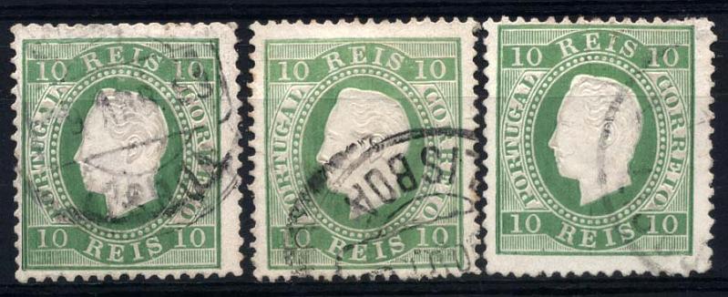 1316.jpg -     Lote:    1316            Portugal       Descrição:         1879/80 &mdash; D. Luís I, fita direita. Novas cores. CE49, 10 reis verde amarelo, papel porcelana. Lote de 3 selos: um em denteado 12 &frac12;, tipo III e dois em denteado 13 &frac12;, tipo III . Valor de catálogo &euro; 204,20. Ex-Leote        Lote/O       Valor Base:     &euro; 18,00     Valor Venda:     &euro; 24,00     