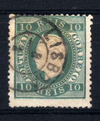 1317.jpg -     Lote:    1317            Portugal       Descrição:         1879/80 &mdash; D. Luís I, fita direita. Novas cores. CE49, 10 reis verde azul, papel liso, denteado 12 &frac12;, tipo II. Descentrado. Valor de catálogo &euro; 396,00. Ex- Leote.        O       Valor Base:     &euro; 30,00     Valor Venda:     Retirado     