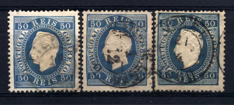 1318.jpg -     Lote:    1318            Portugal       Descrição:         1879/80 &mdash; D. Luís I, fita direita. Novas cores. CE50, 50 reis azul, papel liso, denteado 13 &frac12;, tipo II. Lote de 3 selos. Valor de catálogo &euro; 273,60. Ex-Leote.        Lote/O       Valor Base:     &euro; 24,00     Valor Venda:     Retirado     
