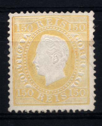 1321.jpg -     Lote:    1321            Portugal       Descrição:         1879/80 &mdash; D. Luís I, fita direita. Novas cores. CE51, 150 reis amarelo, papel liso, denteado 12 &frac12;, tipo II. Selo sem goma. Valor de catálogo &euro; 1.100,00. Ex-Leote.        *       Valor Base:     &euro; 50,00     Valor Venda:     &euro; 80,00     