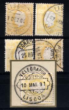 1323.jpg -     Lote:    1323            Portugal       Descrição:         1879/80 &mdash; D. Luís I, fita direita. Novas cores. CE51, 150 reis amarelo, papel porcelana, denteado 12 &frac12;, tipo III. Lote de 5 selos, um deles com carimbo batido a preto "TELEGRAPHO / LISBOA". Valor de catálogo &euro; 119,00. Ex-Leote        Lote/O       Valor Base:     &euro; 10,00     Valor Venda:     Retirado     